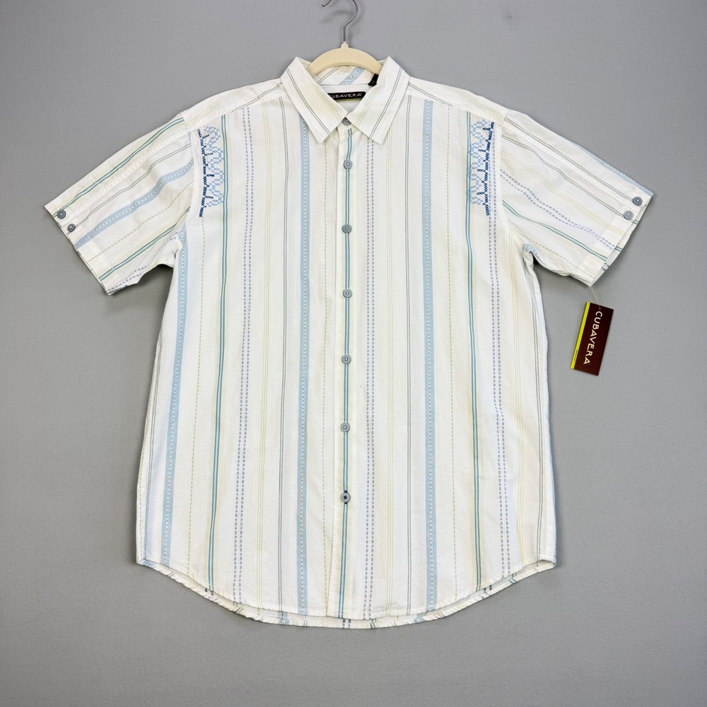 NWT Cubavera Striped Embroidered Short Sleeve Button Down Cotton Shirt